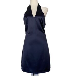 NWT Lelis Collection Women's Navy Blue Satin‎ Lined V Neck Halter Dress Size S